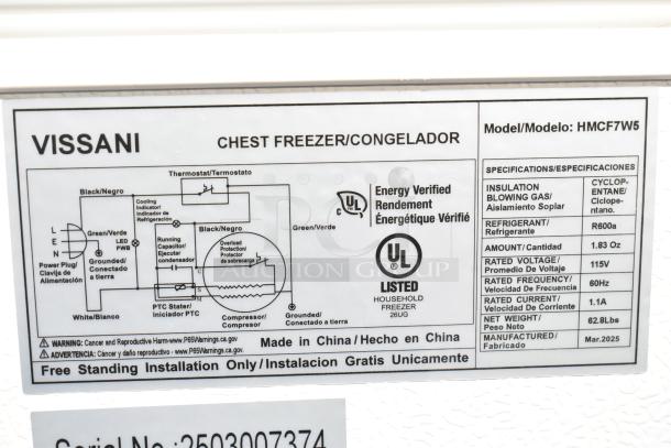 Vissani HMCF7W5 chest freezer label showing model, energy verification, specs, and manufacturer details.