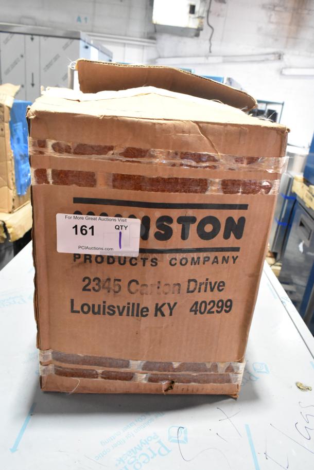 Alt Text: Cardboard box for a brand new scratch and dent metal rack for Winston Pressure Fryer, marked with PCI Auctions sticker.