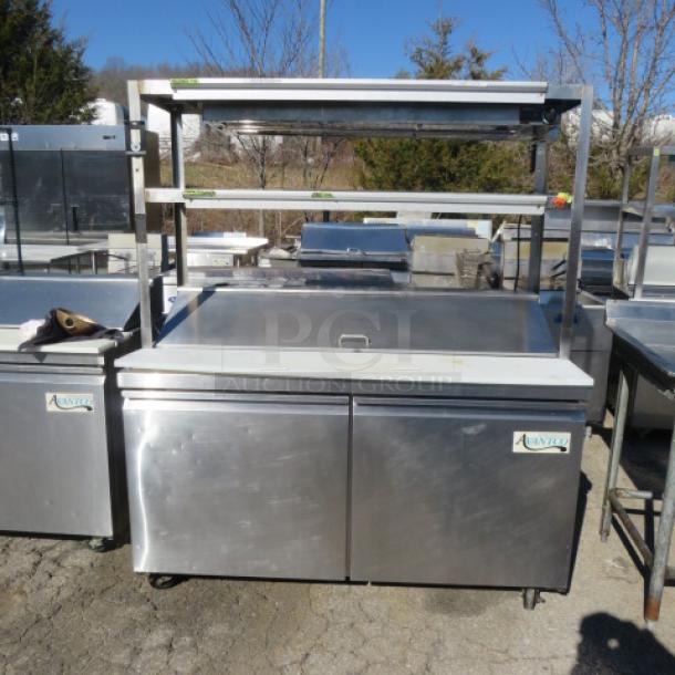 Avantco 2-Door Refrigerated Prep Table, Model 178SSPT60HC, with cutting board, SS overshelves, ticket rails, and double strip warmer.