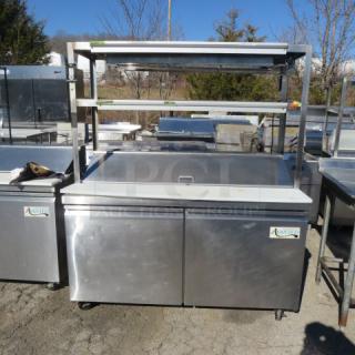 Avantco 2-Door Refrigerated Prep Table, Model 178SSPT60HC, with cutting board, SS overshelves, ticket rails, and double strip warmer.