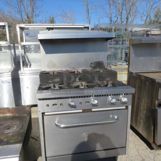 CPG 6 Burner Natural Gas Range with stainless steel overshelf, Model 351S36SUN, dimensions 36x36x60, used condition.