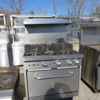 CPG 6 Burner Natural Gas Range with stainless steel overshelf, Model 351S36SUN, dimensions 36x36x60, used condition.