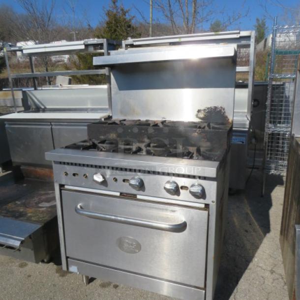 CPG 6-burner natural gas range with stainless steel overshelf, model 351S36SUN. Measures 36x36x60. Visible wear.