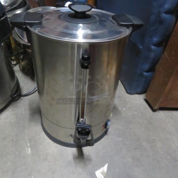 Avantco Stainless Steel 65 Cup Coffee Brewer, Model 177CU65ETL, with spout and handles. Good condition.