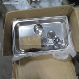 New full-size chafer in box, stainless steel, includes fuel holders and frame, brand new condition, model 2XBID.