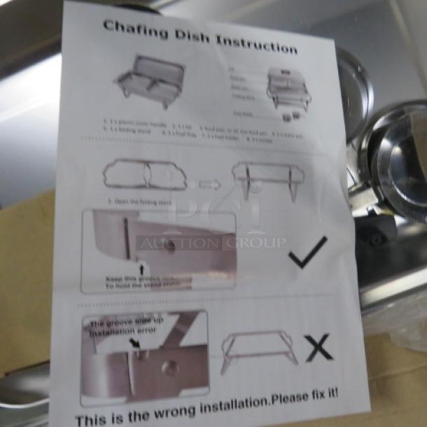 New full-size chafer with instructions. Model 2XBID. Includes assembly guide, detailed installation steps.