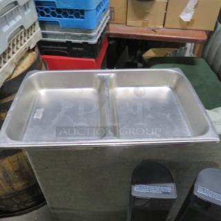 Stainless steel divided hotel pan, full size, 2.5-inch deep, good condition, suitable for food service operations.