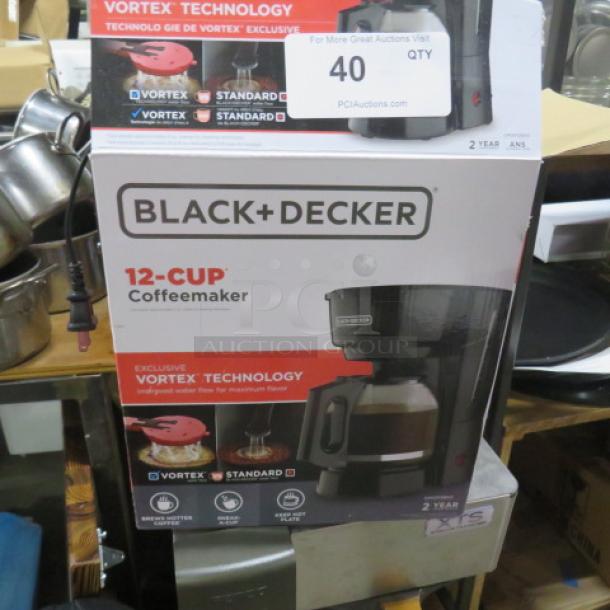 Black And Decker 12-Cup Coffeemaker, Model CM0915BKD, new in box, featuring Vortex Technology.