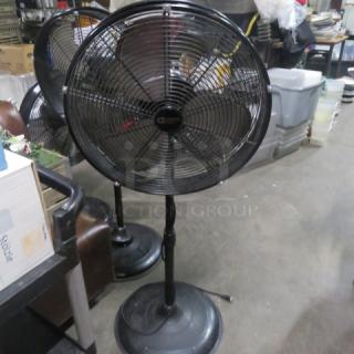 Commercial Electric Stand Fan, model SFSD1-1500BIW, 120V. Black, sturdy base, in used condition, suitable for large spaces.