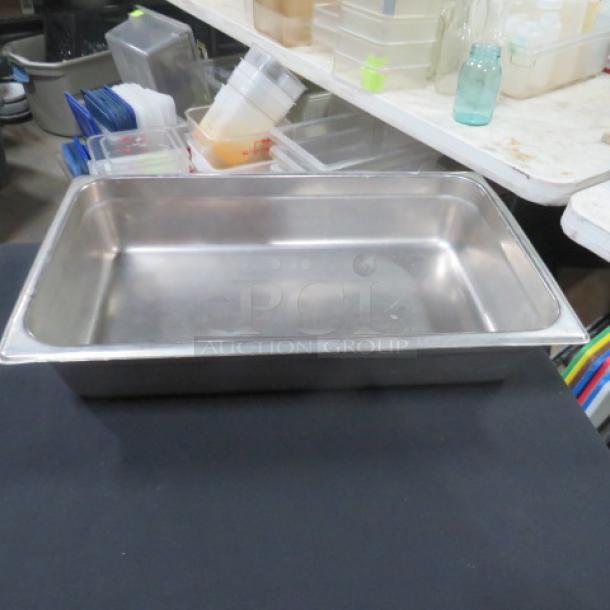 Full-size 4-inch deep stainless steel hotel pan, excellent condition, ideal for commercial kitchen use.