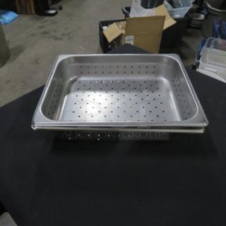 Half-size, 2.5-inch deep perforated hotel pan, stainless steel, excellent condition, suitable for commercial kitchen use.