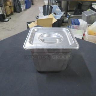 1/6 Size 6 Inch Deep Hotel Pan with Lid, stainless steel, excellent condition, ideal for food service and catering.