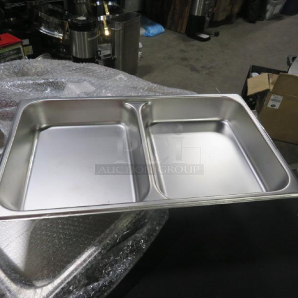 New full-size 2.5-inch deep divided hotel pan, stainless steel, pristine condition, ideal for food service.