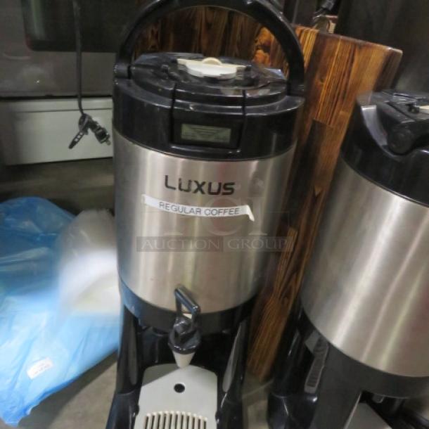 Fetco Luxus 1.5 Gallon Coffee Server with Stand, Model L4D-15, labeled "Regular Coffee," stainless steel, $439.99.