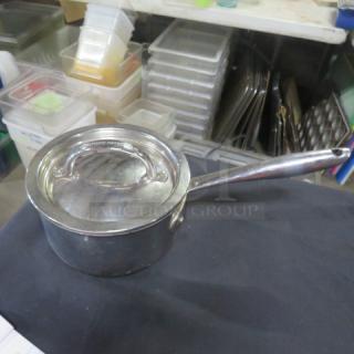 Williams Sonoma stainless steel sauce pan with lid, Thermo-Clad, 6.5x3.5 inches, excellent condition, 2XBID marking.