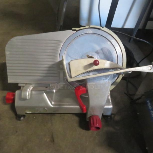 Berkel 827e 12" deli slicer in used condition, featuring a stainless steel blade and adjustable slicing thickness.