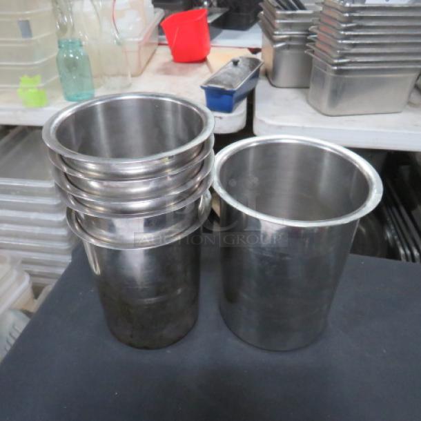 Assorted size Bain Marie pots, stainless steel, set of six, shown in used condition. Ideal for food service or storage.