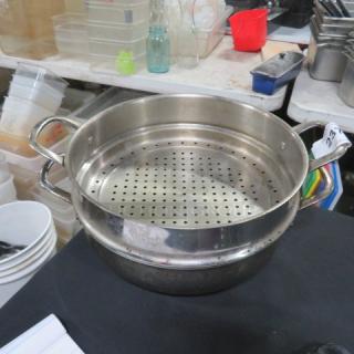 Williams Sonoma 12-inch stainless steel double boiler with perforated insert, gently used condition, sturdy handles.