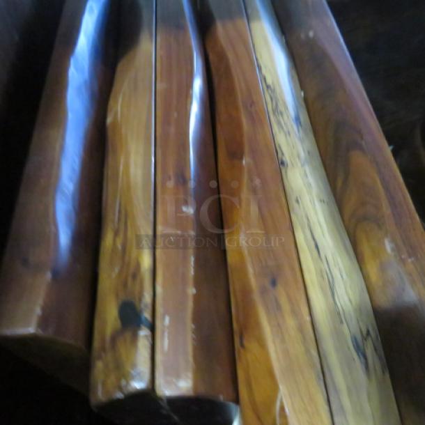 Solid wooden table top on pedestal base, showing natural grain, 24x30x30 inches, good condition.