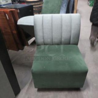 Single-sided green cushioned booth bench, 25x26x34 inches, subtle striped backrest, good condition.