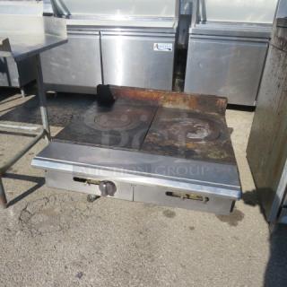 Natural gas 2-burner tabletop range, 36x43x16 inches. Features a stainless steel finish and visible signs of use. Adjust knobs below burners.