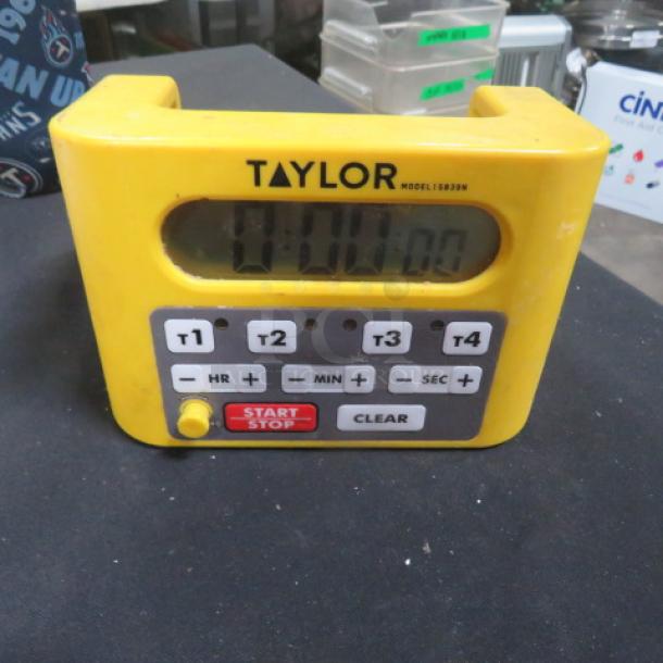 Taylor Digital 4 Channel Timer, Model 5839N, yellow casing, clear display, buttons for T1-T4, used condition.