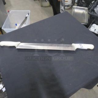 Double handle knife with white grips, stainless steel blade, excellent condition. Marked "370" on blade edge for identification.