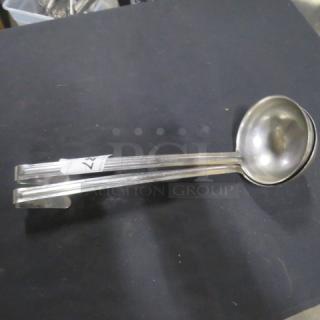 12oz stainless steel ladle, model 2XBID. Features a long handle and deep bowl. Label indicating item number 27. Slightly used.