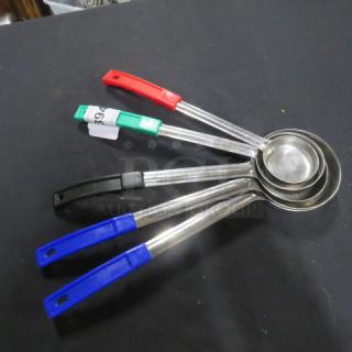 Set of assorted size spoodles with colored handles. Each spoodle features a stainless steel body. Good condition.