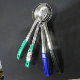 Assorted size perforated spoodles with colored handles, stainless steel, good condition, includes auction tag 95.