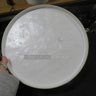 New 14-inch white Tablecraft melamine serving tray, round shape, textured surface, pristine condition, model 4XBID.