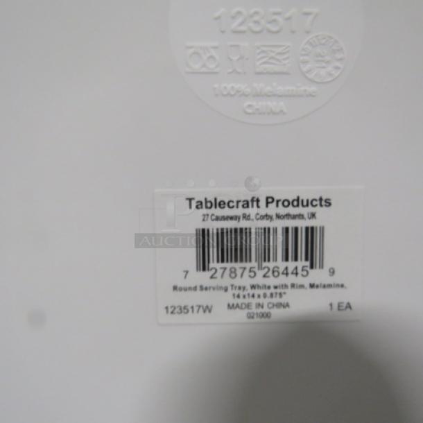 New 14-inch Tablecraft melamine serving tray, round, white with rim. Made in China. Item tag and barcode visible.