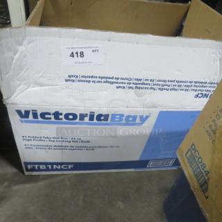 Large lot of Victoria Bay folding boxes, model FTB1NCF. Opened box, containing high-profile, top-locking 26 oz bags.