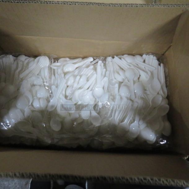 Box of tasting spoons, 13 packs of 200, in sealed bags; new condition.