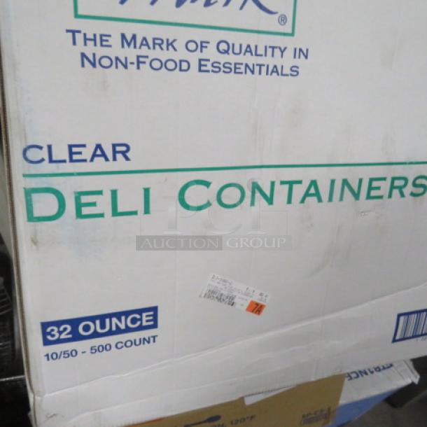 Box of 32oz clear deli containers, 500 count. Brand: Inmark. Ideal for food storage, marked "The Mark of Quality."