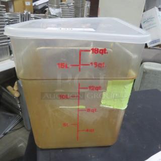 18 quart food storage container with lid, marked in liters and quarts, lightly used, translucent with red measurement lines.