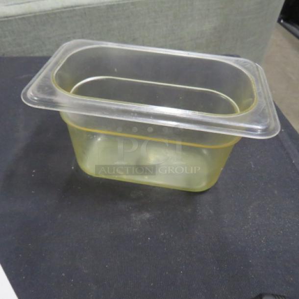 1/9 Size 4 Inch Deep Food Storage Container, transparent plastic, gently used, ideal for kitchen organization.