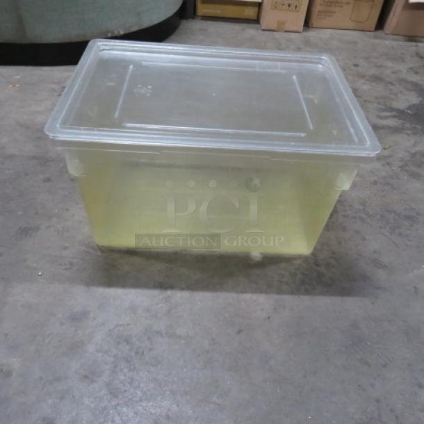 22-gallon food storage container with lid, translucent design, sturdy plastic, good condition, ideal for bulk storage.