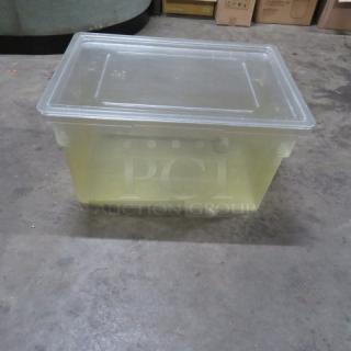 22-gallon food storage container with lid, translucent design, sturdy plastic, good condition, ideal for bulk storage.