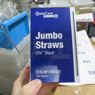 One opened box of AmerCare Royal Jumbo Straws, 5 3/4", black, model STNJM1460501, contains 250 straws.