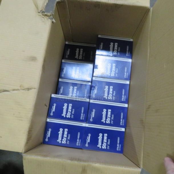 Open case of multiple boxes of jumbo straws, each box labeled. Suitable for retail or bulk use. Condition appears intact.