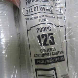 Clear 2oz portion cups, 200 per pack, labeled "200PC 125". Strong and durable. Ideal for food service use.