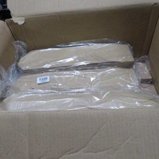 Box of 26oz take-out containers, 6 packs of 50, unopened, beige cardboard, visible barcode on packaging.