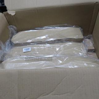 Box of 26oz take-out containers, 6 packs of 50, unopened, beige cardboard, visible barcode on packaging.
