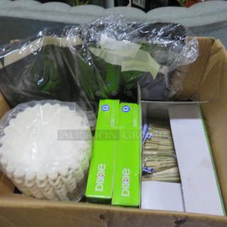 Box of assorted to-go products including two boxes of Dixie cups, disposable lids, coffee filters, and stirrers.