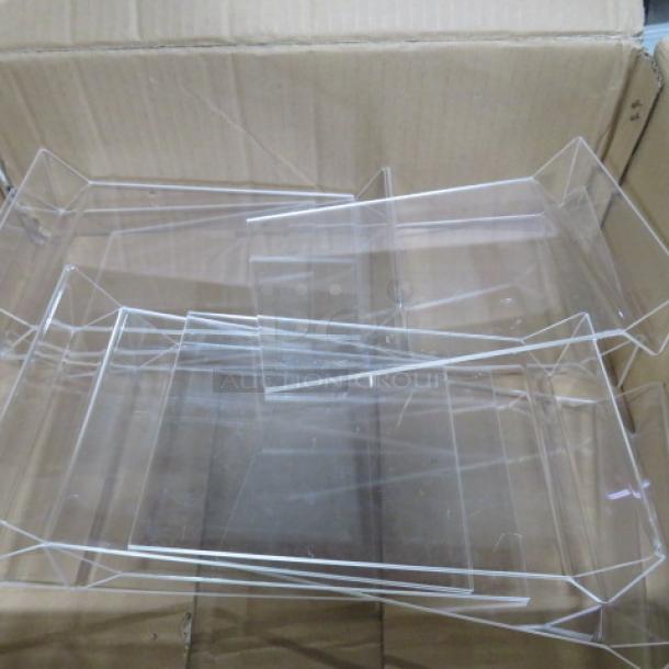 Lot of 10 new tabletop menu holders, clear acrylic, rectangular shape, unused condition, in original packaging.