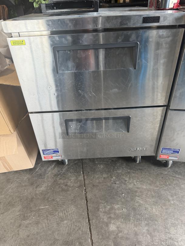 Turbo Air 2 Drawer Refrigerator, Model TUF-28SD-D2-N, on casters. Stainless steel, 115V, 27.5x31x36 inches. Natural refrigerant label.