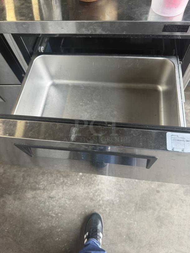 Turbo Air 2 Drawer Refrigerator, Model TUF-28SD-D2-N, on casters, 27.5x31x36 inches, 115V, stainless steel, open drawer.