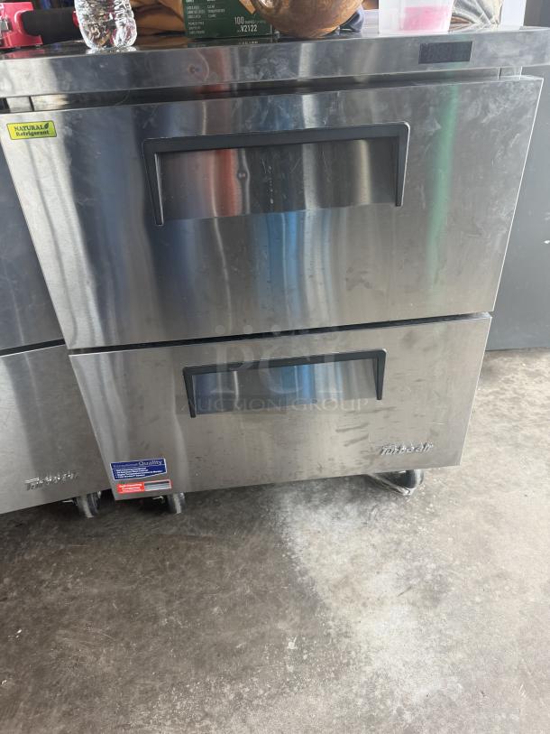 Turbo Air 2-drawer refrigerator with casters, model TUF-28SD-D2-N, stainless steel, 27.5x31x36 inches, 115V.