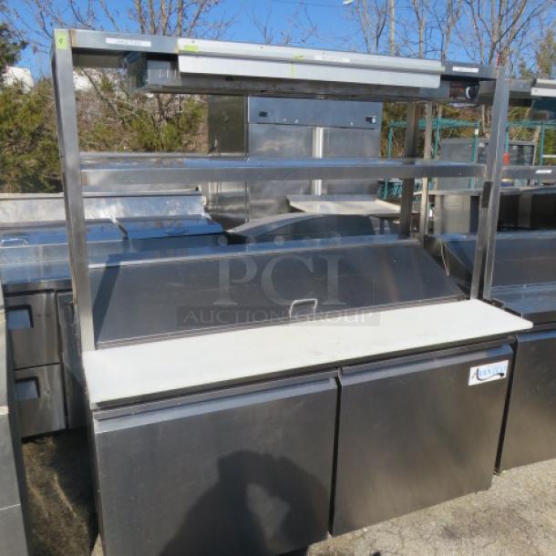 Avantco 2-door refrigerated prep table with 2 stainless steel overshelves, cutting board, and double warmer, Model #178SSPT60-HC.